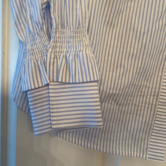 CAbi Whitney Blue Stripe Floral Ruffle Sleeve Button Down Top, size Small 5368 - Picture 3 of 4